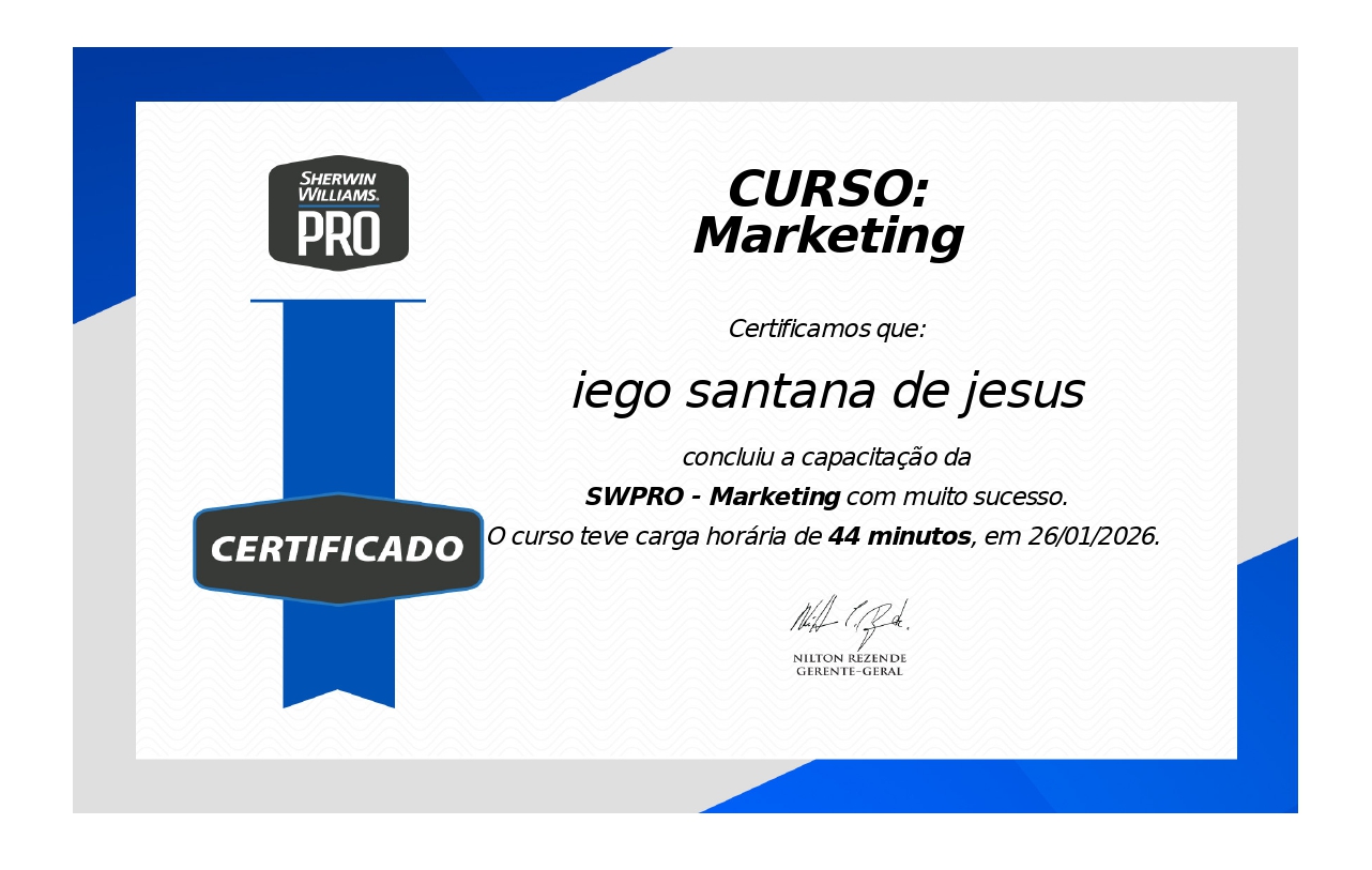 Certificado Marketing Sherwin-Williams PRO - Iego Santana Pintor Peruíbe